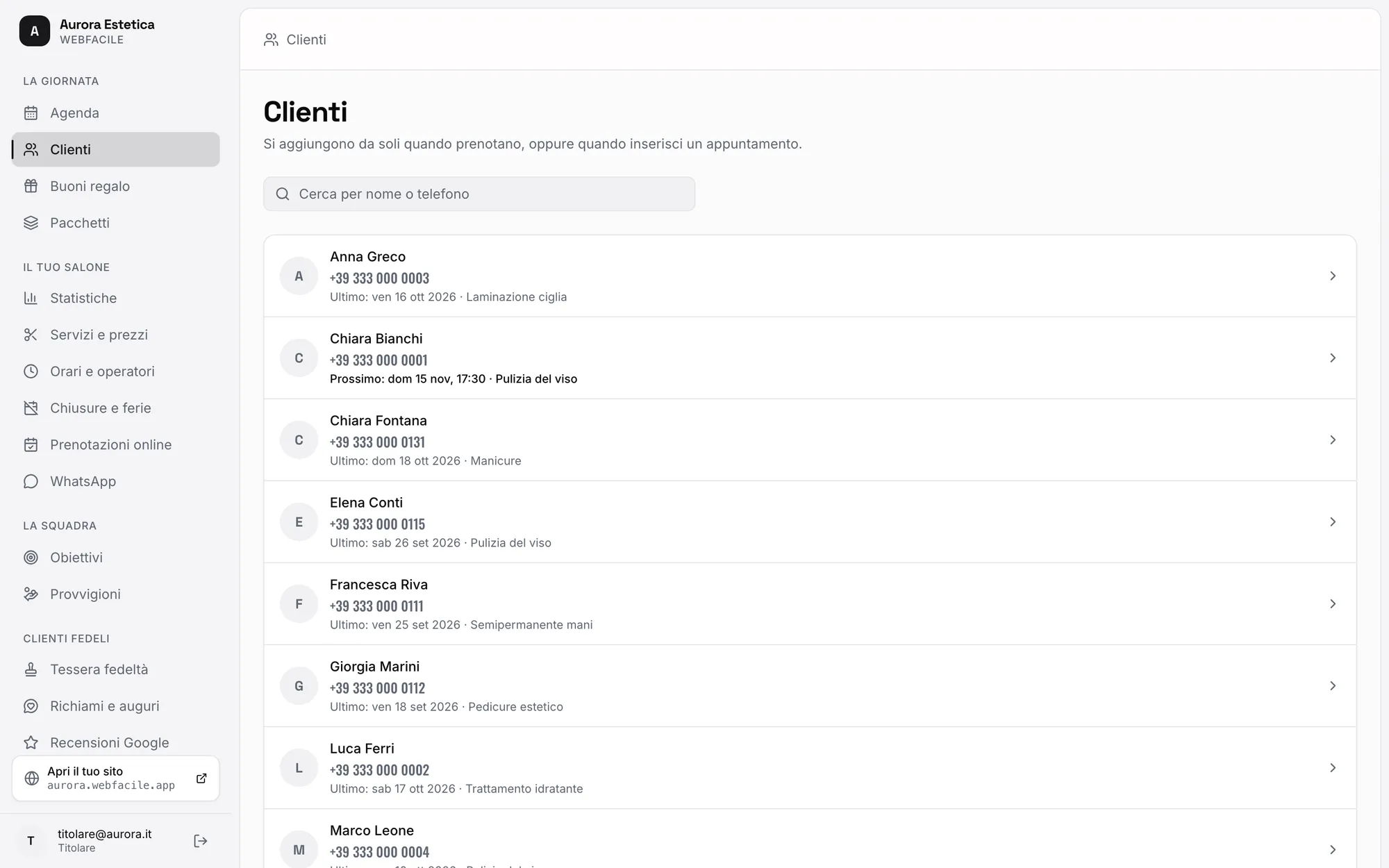 Elenco clienti con ricerca, ultima visita e prossimo appuntamento