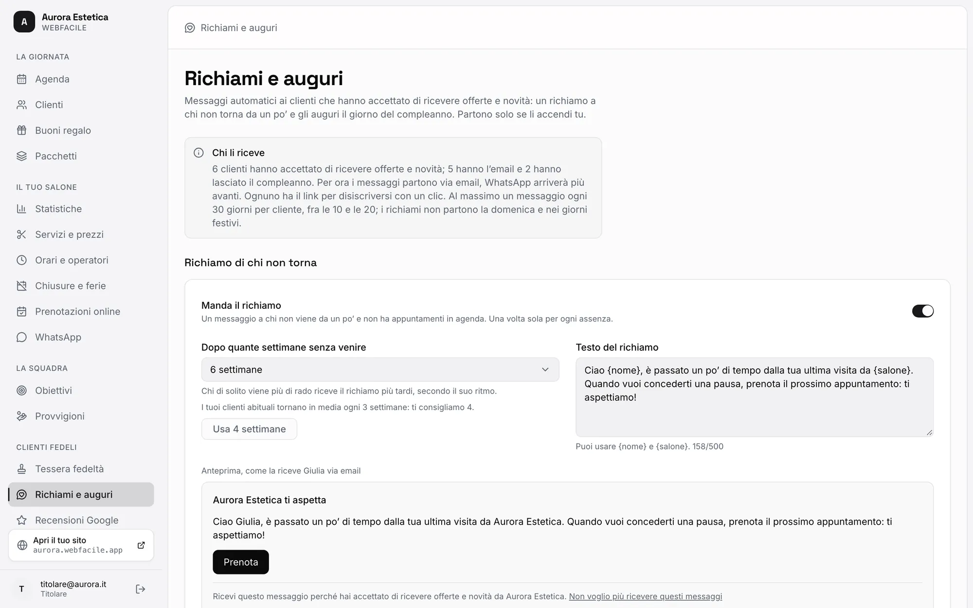 Pagina Richiami e auguri con il testo del messaggio e l’anteprima dell’email