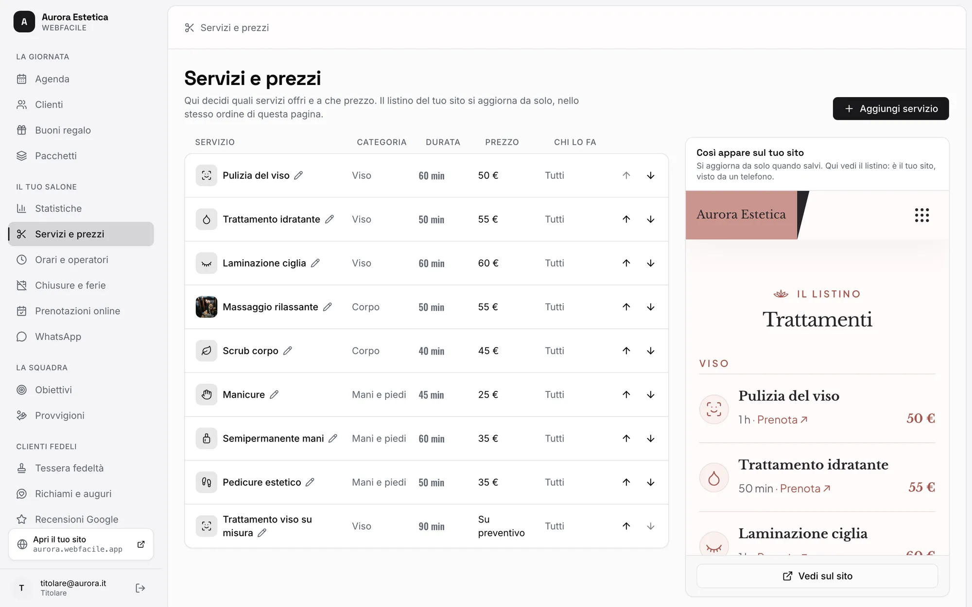 Pagina Servizi e prezzi del pannello con il listino e l’anteprima del sito sul telefono