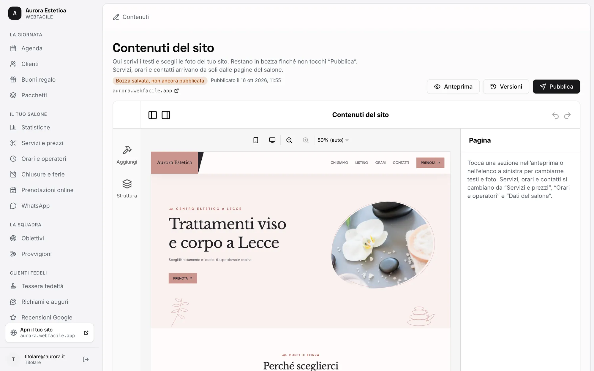 Editor dei contenuti del sito con l’anteprima della pagina e i pulsanti Anteprima, Versioni e Pubblica